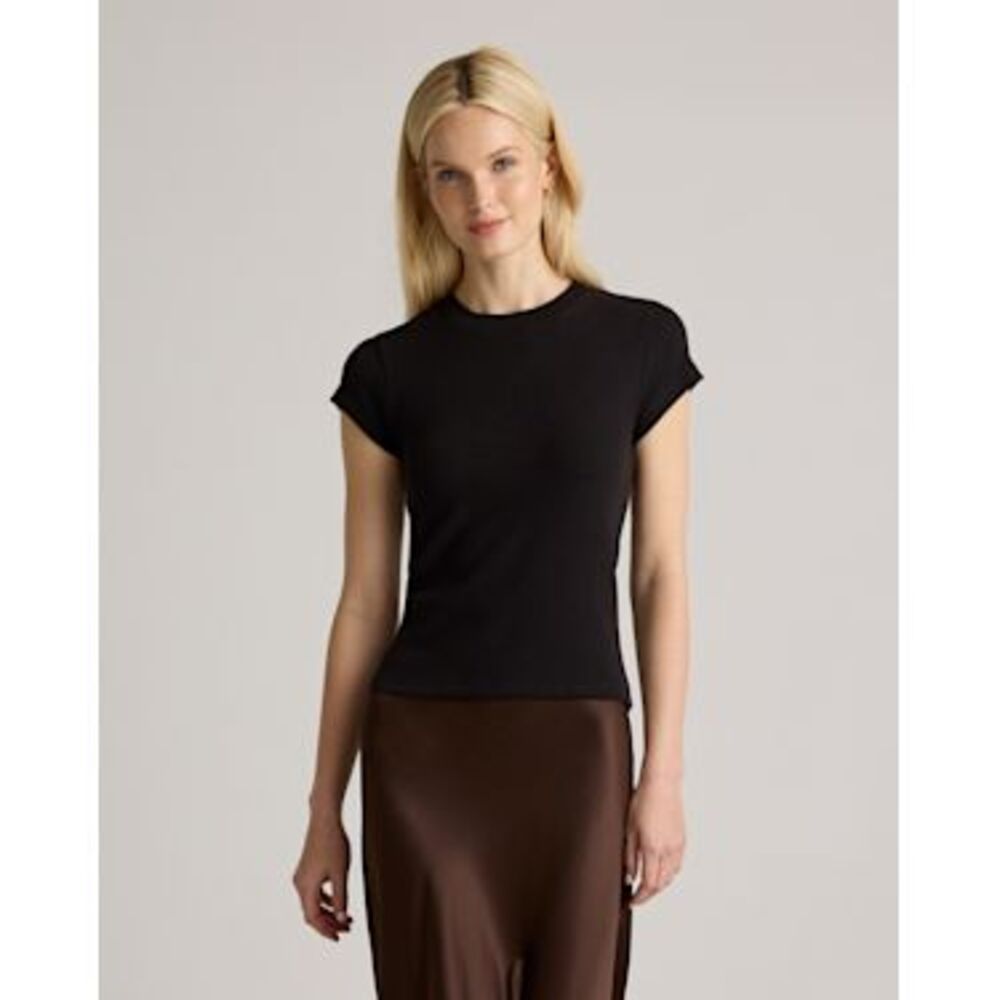 Quince Women Organic Cotton Micro-Rib Crewneck Tee Black Sleeved Top L